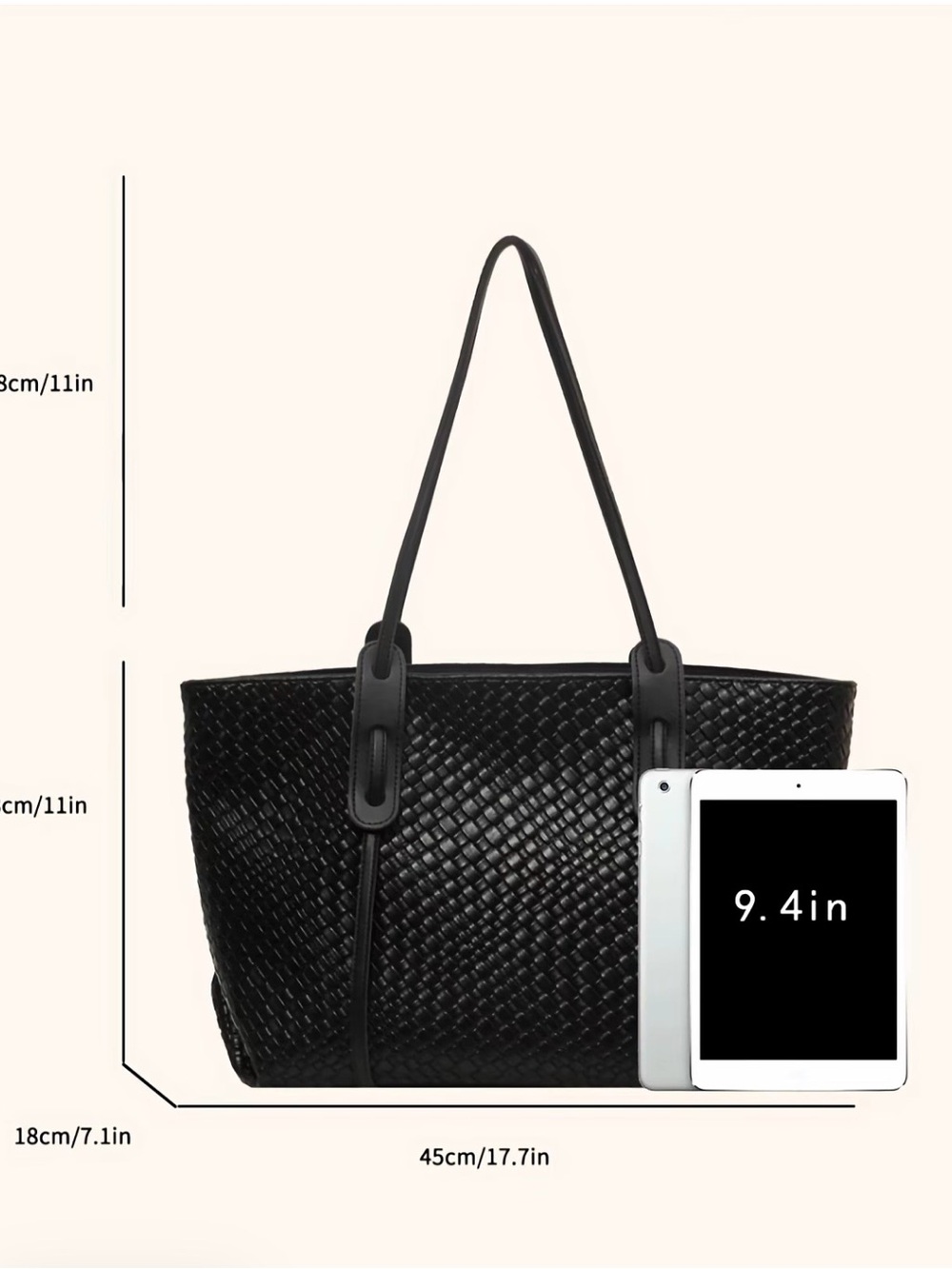 Black Woven Tote Bag with Double Shoulder Straps - Picture 2 of 9